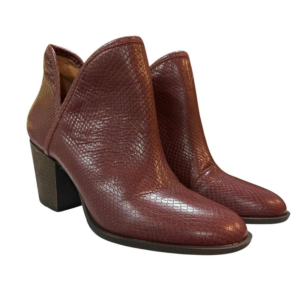 Women's Burgundy Faux Snake Print Block Heel Ankle Booties V Cut Lucky Brand 8.5